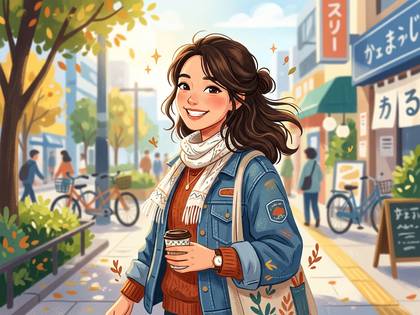 笑顔の女性が秋の街並みをコーヒー片手に散策している。