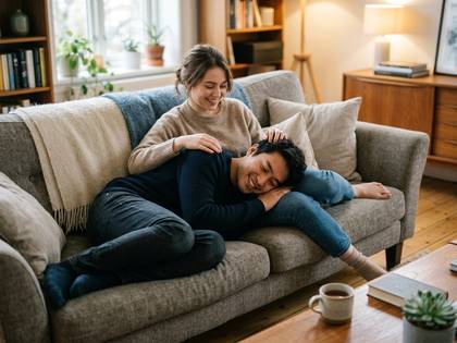 ソファでくつろぐ仲良しカップル。女性が男性の頭を撫でている。
