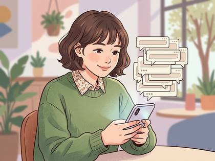 笑顔の女性がスマホで活発にチャットを楽しんでいるイラスト。