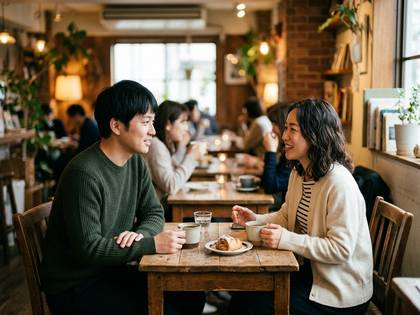 カフェで向かい合って笑顔で談笑する男女。