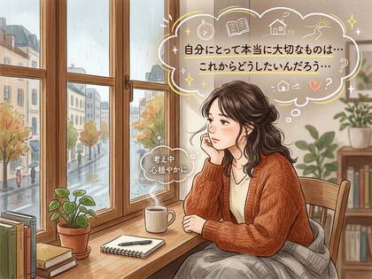 雨の窓辺で、大切なことを静かに考える女性。
