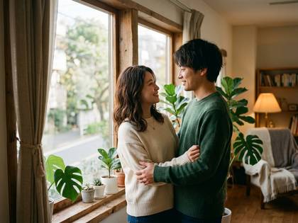 窓辺で寄り添い、優しい笑顔で見つめ合う若いカップル。