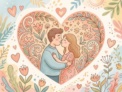 キスするカップルと花や植物で飾られた大きなハートのイラスト。
