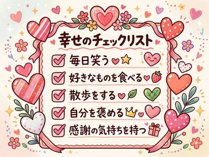 ハートと花が可愛い「幸せのチェックリスト」。毎日笑う、好きなものを食べるなどの項目。