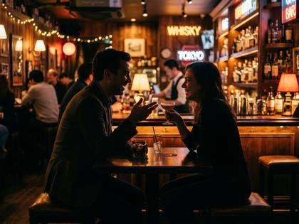 バーでカクテルを飲みながら笑顔で会話する男女。