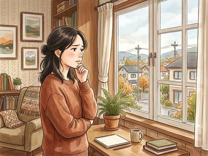 窓辺で物思いにふける女性。窓の外には秋の街並みが広がる。