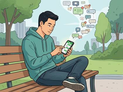 公園のベンチでスマホを操作する男性。メッセージ通知が飛び交う。