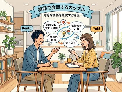 笑顔で会話するカップル。対等な関係を示すイラスト。