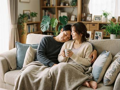 ソファでくつろぐカップル。男性は女性の肩に頭を預け、女性はマグカップを持つ。