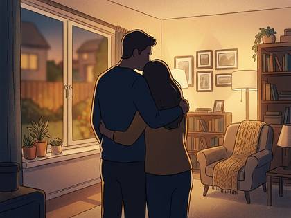 暖色の光が満ちる部屋で窓の外を見つめ寄り添うカップル。