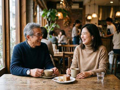 カフェで笑顔で談笑するシニア男性と女性。コーヒーを飲みながら。