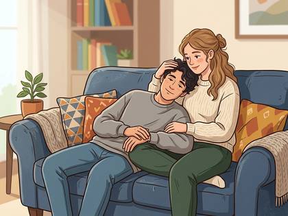 ソファで女性の膝に頭を乗せくつろぐ男性と女性。