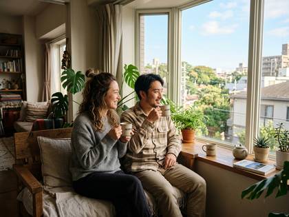 窓辺でくつろぎ、笑顔でマグカップを持つカップル。
