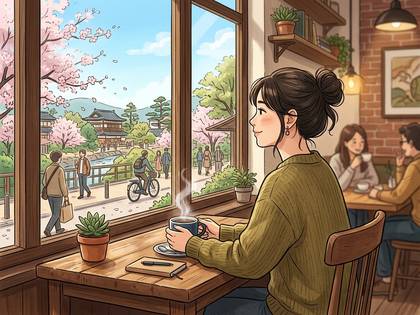 桜咲く日本の街並みが窓から見えるカフェで、女性がコーヒーを飲む。