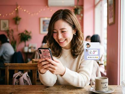 カフェでスマホを見る笑顔の女性。チャットの吹き出しが重なる。