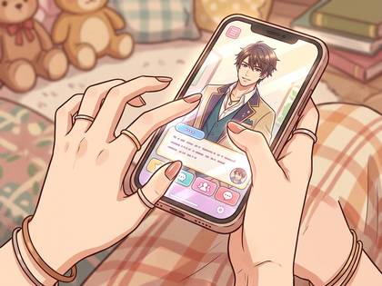 スマホで恋愛ゲームのイケメンキャラを操作する女性の手。
(27文字)