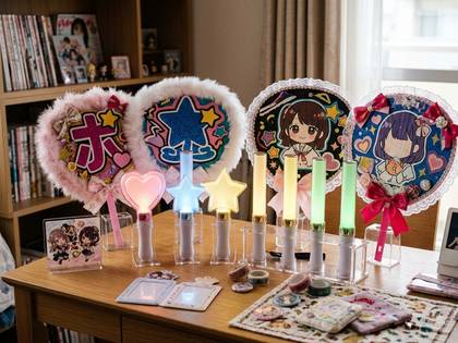 アニメキャラの光るペンライトと応援ボードがテーブルに並ぶ。