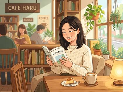 カフェで本を片手に微笑む女性。奥にも読書を楽しむ客がいる。