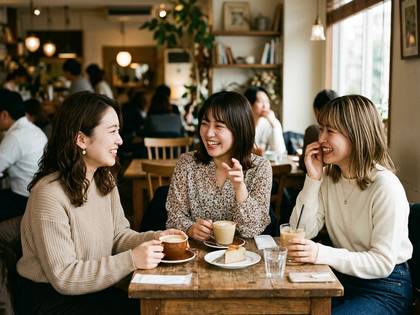 カフェで笑顔で談笑する3人の女性。