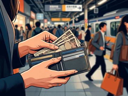 駅のホームで、日本円(1万円札)を財布に出し入れする女性の手元。