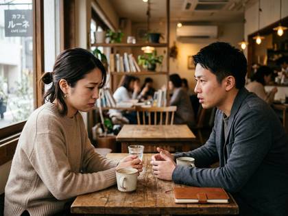 カフェで向かい合い、真剣な表情で話す男女。