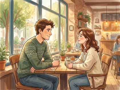 笑顔でカフェのテーブルを挟んで向かい合う男女。