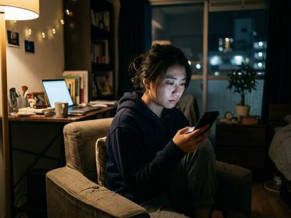 夜、ソファでスマートフォンを見つめる若い女性。画面の光が顔を照らしている。
