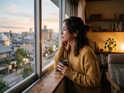 マグカップを手に窓から夕暮れの街並みを眺める女性。
