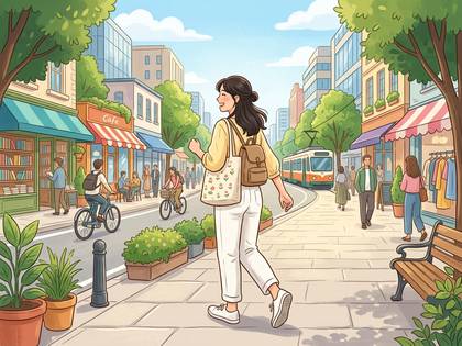 笑顔の女性が緑豊かな街を歩く。カフェや店が並ぶ、賑やかな日常のイラスト。