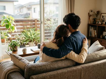 ソファーで寄り添い、窓の外を眺めるカップル。