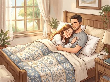 ベッドで寄り添い合う幸せなカップル。穏やかな寝室の風景。