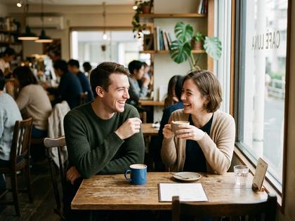 カフェで会話している仲の良いカップル