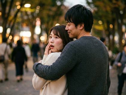 夕暮れの街で、男性が驚く女性を抱きしめている。