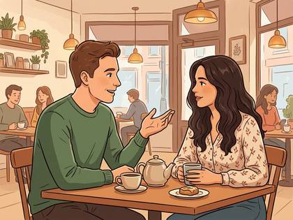 カフェで向かい合い、笑顔で会話する男女のイラスト。テーブルにはティーセットが置かれている。