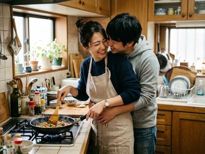 キッチンで料理をしながら、笑顔で抱き合うカップル。