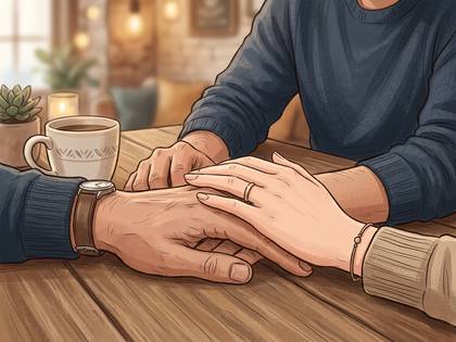 カフェのテーブルで優しく手を重ねる男女。