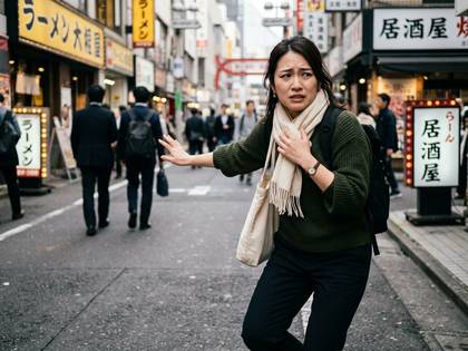 日本の街中で、何かに怯え、胸元を押さえ手を差し出す女性。