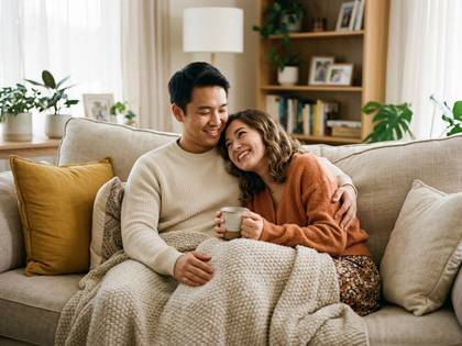 ソファで笑顔で寄り添い、温かい飲み物を楽しむカップル。