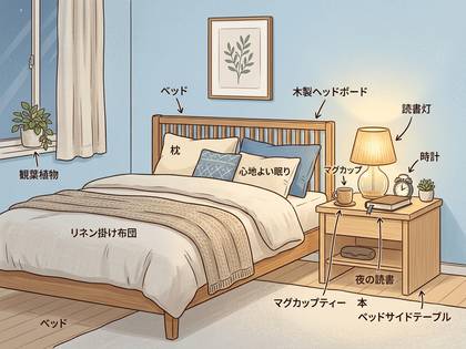心地よい雰囲気の寝室のイラスト。木製ベッド、読書灯、観葉植物。