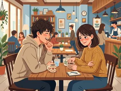 カフェで若い男女がテーブルを挟んで笑顔で談笑する様子。 (31文字)