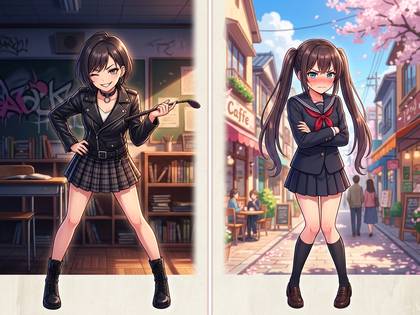 左右に異なるスタイルのアニメ少女。反抗的な服と清楚な制服姿の対比。