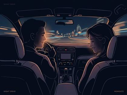 夜のドライブ中、車内で笑顔で見つめ合う男女のイラスト。
