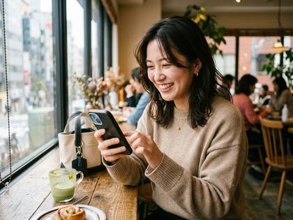 カフェで笑顔の女性がスマートフォンを操作しています。