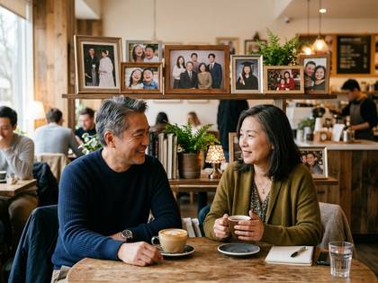 カフェで笑顔で語らうアジア系の男女。