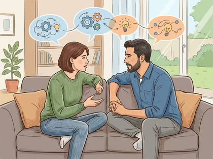 ソファに座る男女が、アイデアと思考を交換する様子。