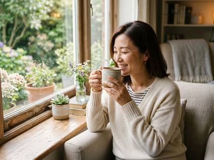 庭の見える窓辺で、温かい飲み物を楽しむ笑顔の女性。