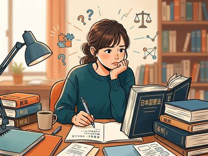 法律書を勉強し、思案する女性。
