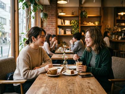 カフェで笑顔で会話する2人の女性。