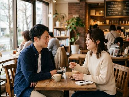 カフェでコーヒーを前に笑顔で会話する男女。