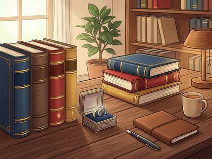 静かな書斎の机に積まれた本と、開かれた指輪の箱。